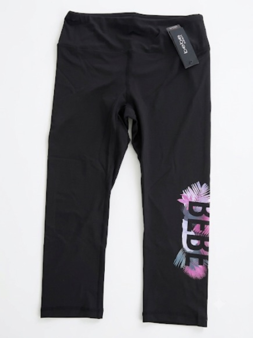 bebe Black Capri Leggings with Pink & Purple Logo Graphic